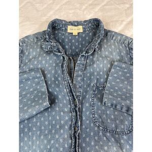 Cloth & Stone Shirt Women's (S) Blue Geometric Chambray Tencel Pocket Preppy